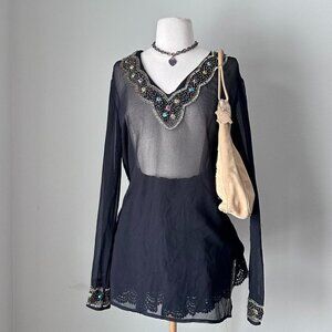 Vtg y2k Black sheer long sleeve top with beaded embroidery and lace trim